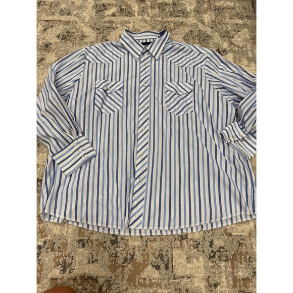 Wrangler Other - Wrangler Western Shirt Mens 3X Big Blue White Striped Pearl Snap Long Sleeve